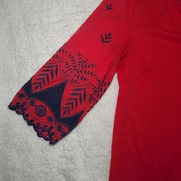 Umgee Boho Shift Dress Embroidered Sleeves Red Blue, Size Medium - Picture 4 of 10